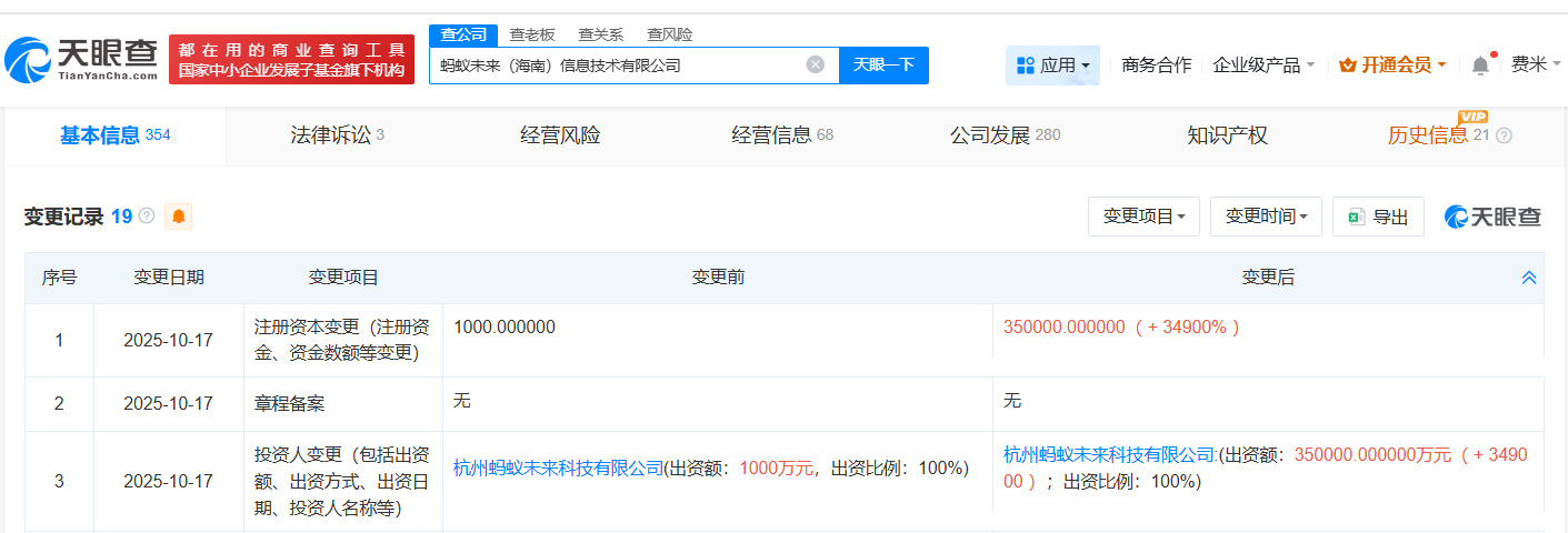 蚂蚁未来海南信息技术公司增资至35亿增幅34900%