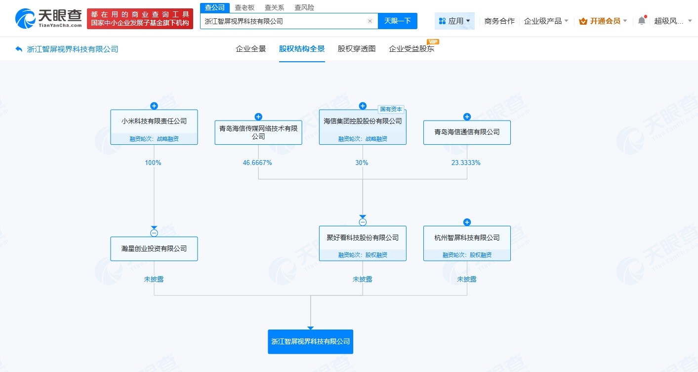 小米、海信等在浙江成立智屏视界科技公司注册资本5000万