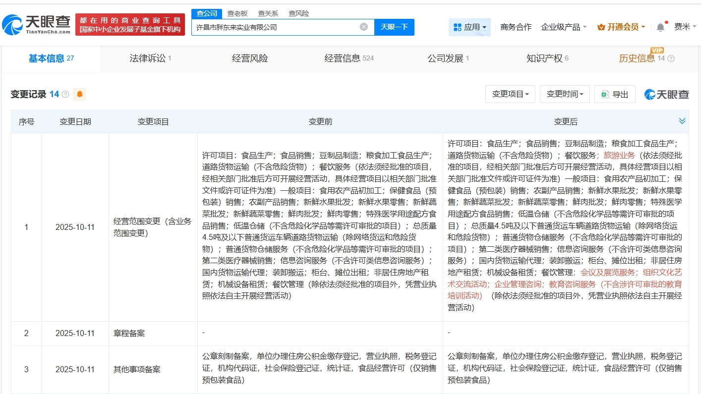 胖东来旗下公司近期新增旅游业务