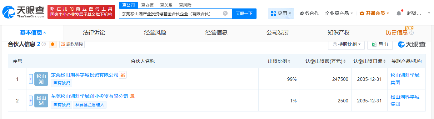 东莞松山湖产业投资母基金成立出资额25亿