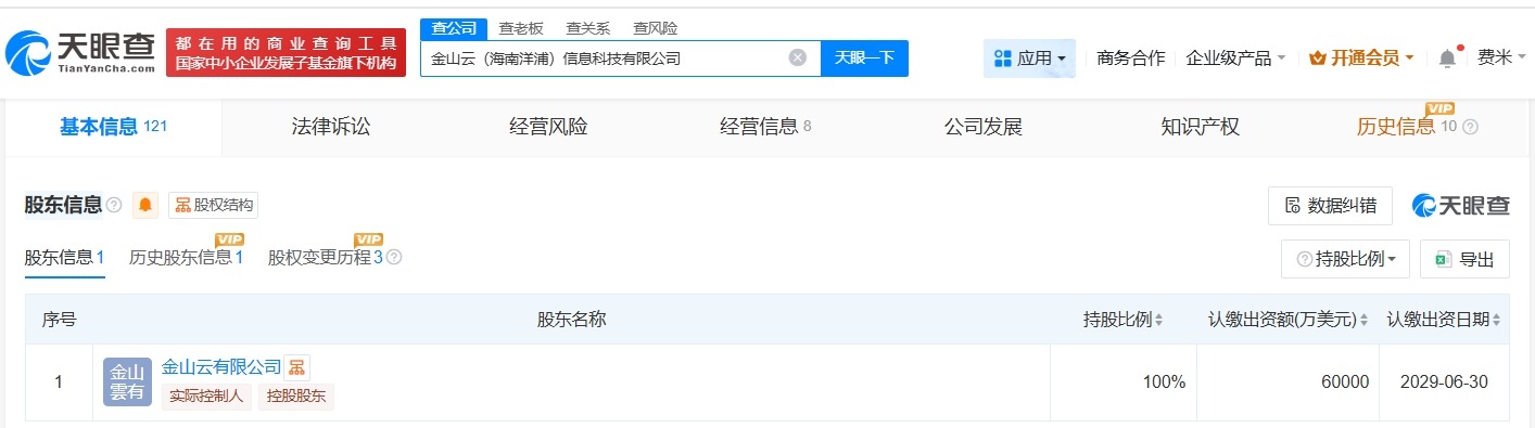 金山云旗下海南洋浦信息科技公司增资至6亿美元增幅20%