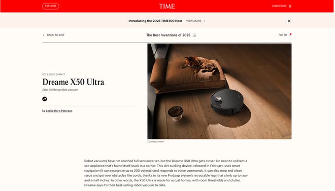 《时代》年度最佳发明公布：追觅 X50 Ultra 成全球唯一上榜扫地机