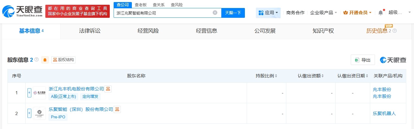兆丰股份、乐聚机器人在浙江成立合资公司注册资本1000万