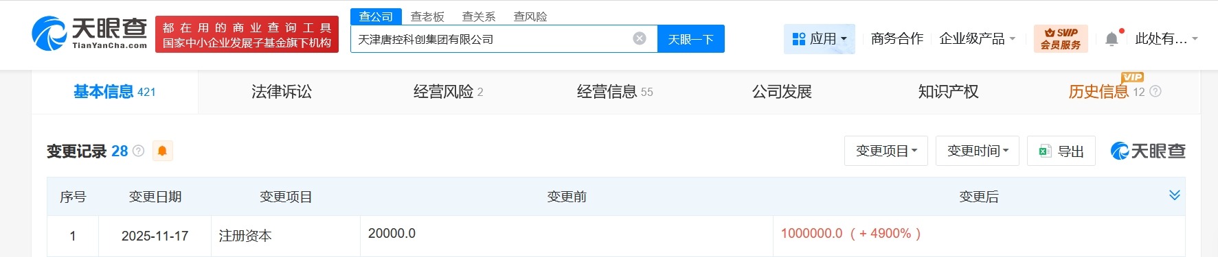天津唐控科创集团增资至100亿增幅4900%