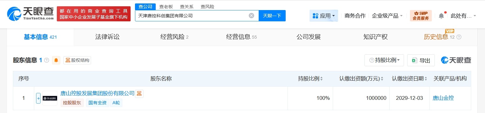 天津唐控科创集团增资至100亿增幅4900%