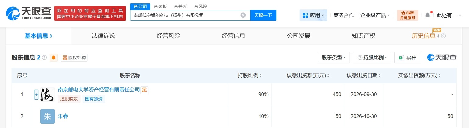 南京邮电大学等在扬州成立低空智能科技公司注册资本500万