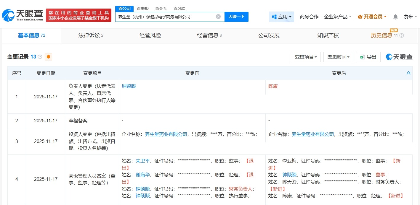 钟睒睒卸任养生堂保健品电商公司法定代表人