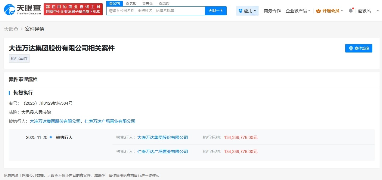 万达集团等被恢复执行1.34亿