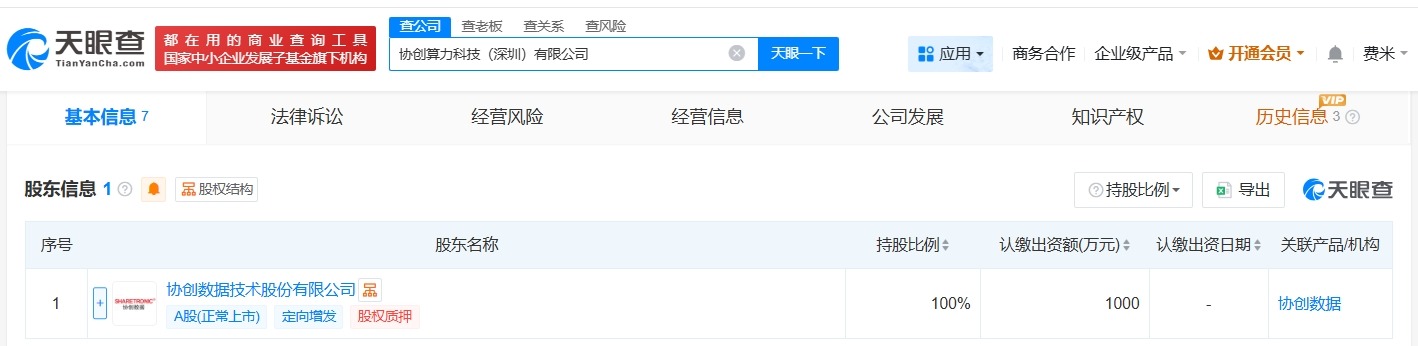 协创数据在深圳成立算力科技公司注册资本1000万