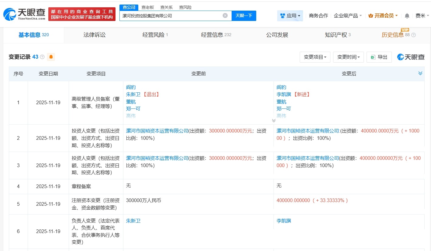 漯河投资控股集团增资至40亿增幅约33%