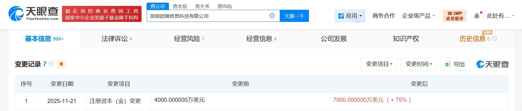 美团旗下昆明团骑信息科技公司增资至7000万美元# 增幅75%