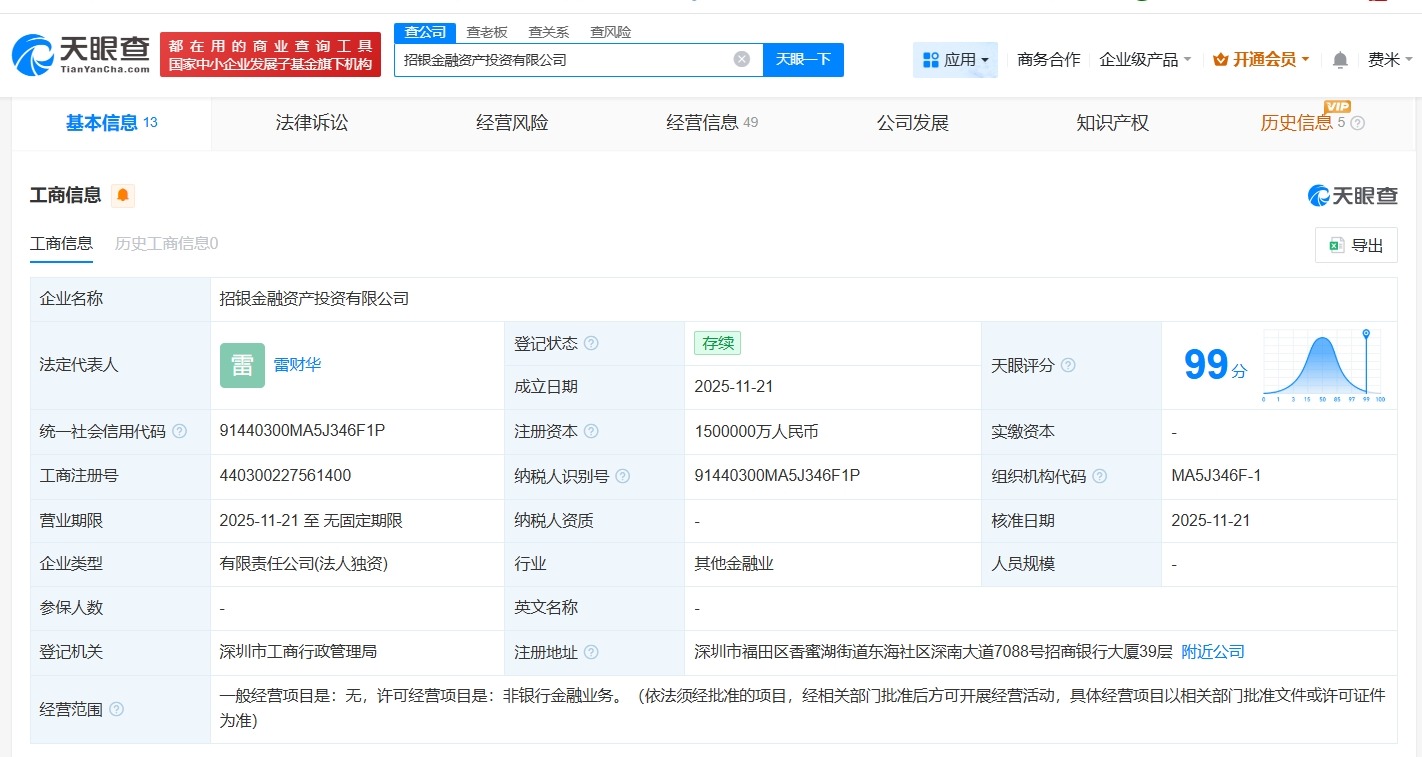 招银金融资产投资公司登记成立注册资本150亿
