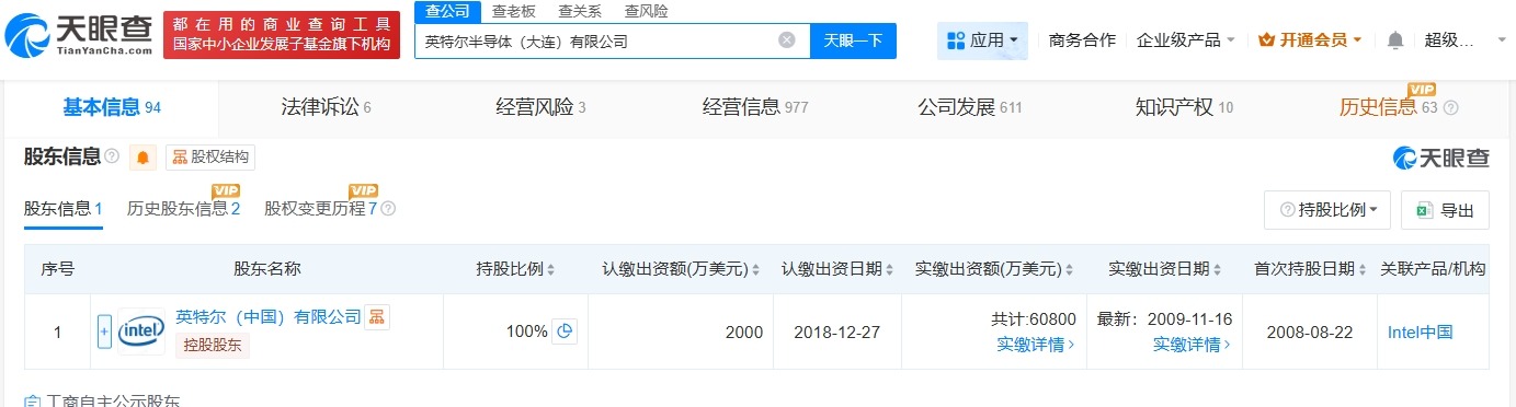 英特尔半导体大连公司减资至2000万美元降幅约99%