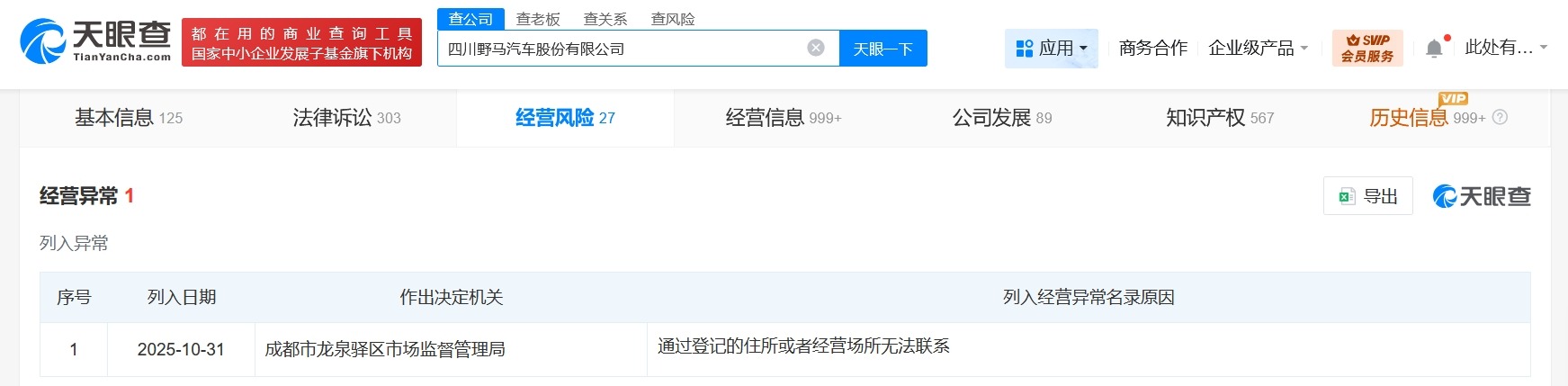 野马汽车被列为经营异常