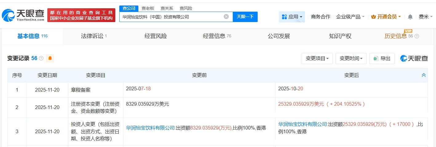 华润怡宝饮料中国投资公司增资至约2.53亿美元增幅约204%