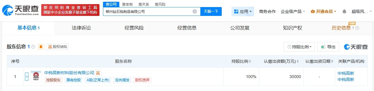 中钨高新在郴州成立钻石钨制品公司注册资本3亿