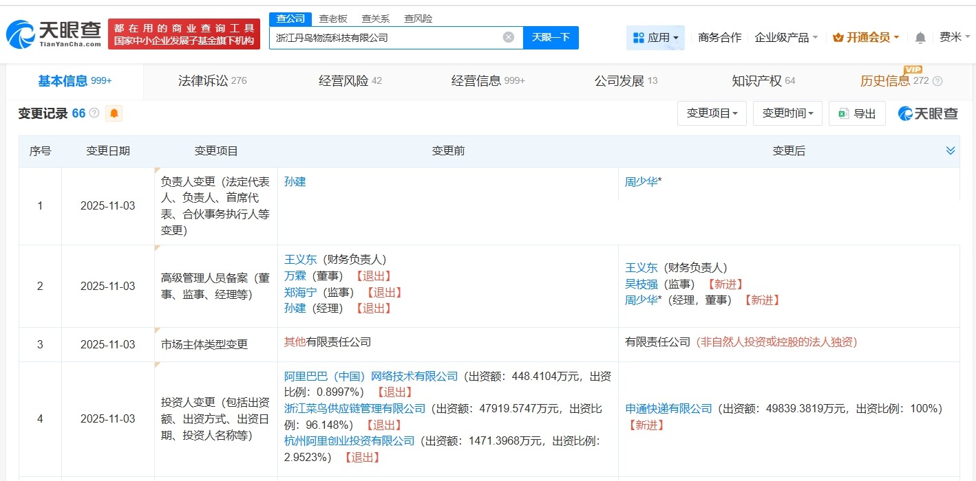 申通快递入股丹鸟物流完成工商变更