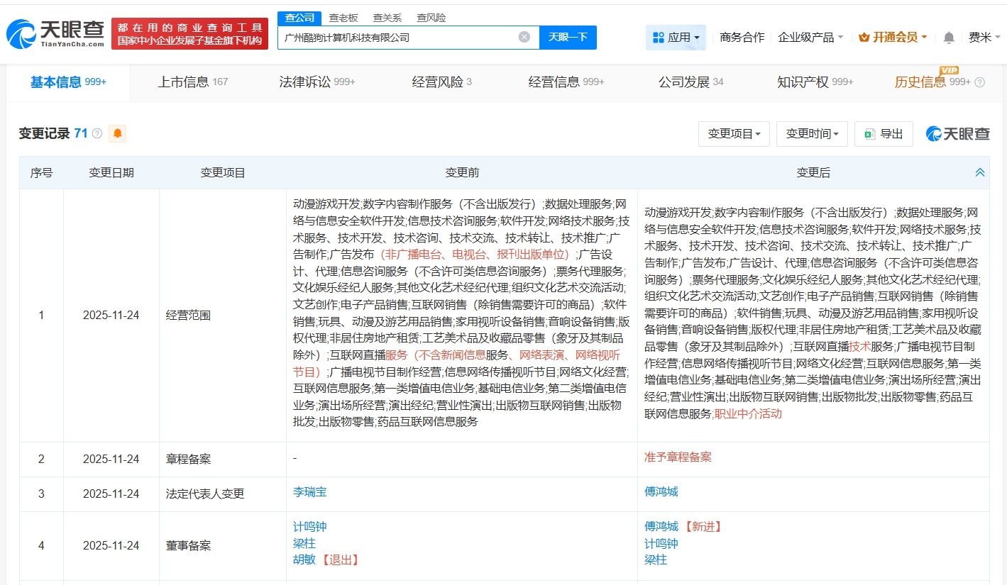 酷狗音乐发生法定代表人变更