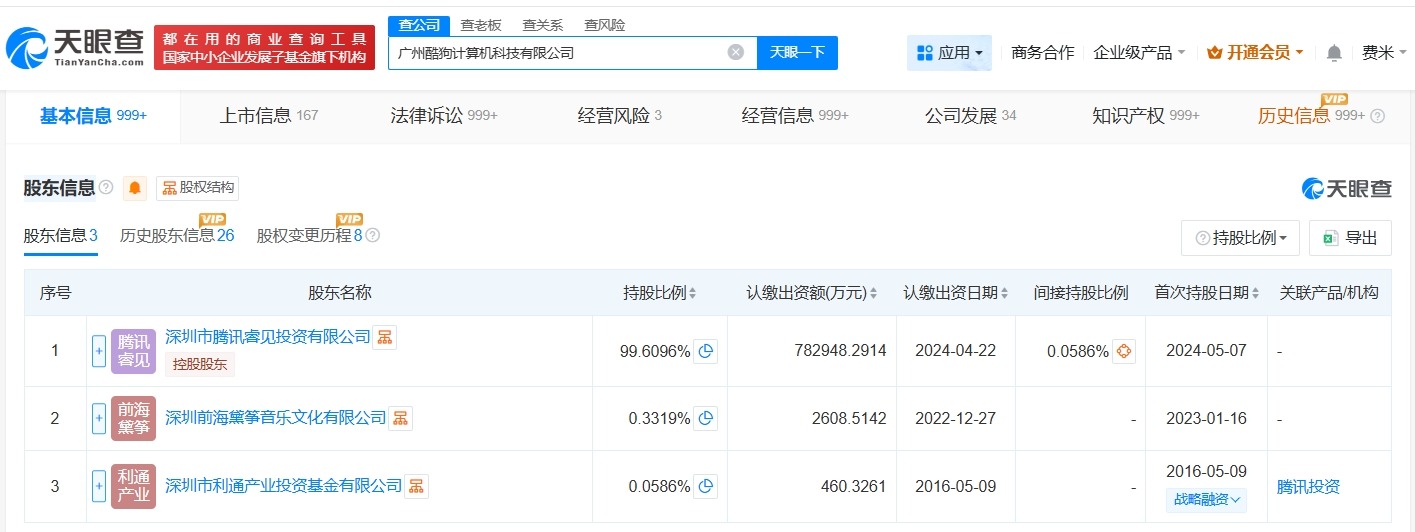酷狗音乐发生法定代表人变更