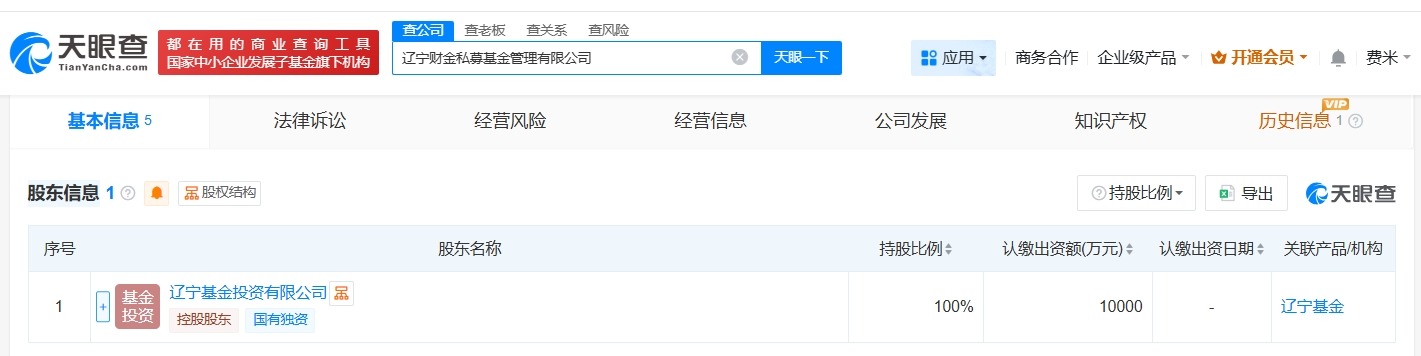 辽宁财金私募基金管理公司登记成立注册资本1亿