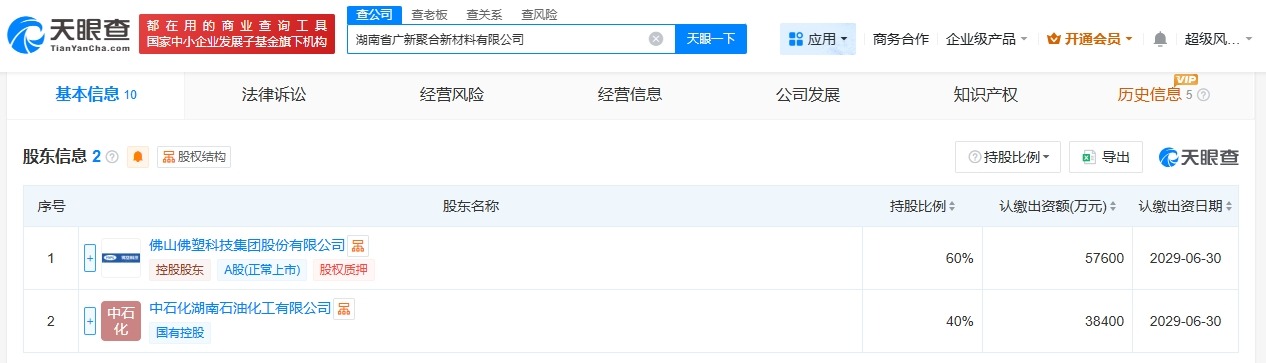 佛塑科技、中石化在湖南成立新材料公司注册资本9.6亿