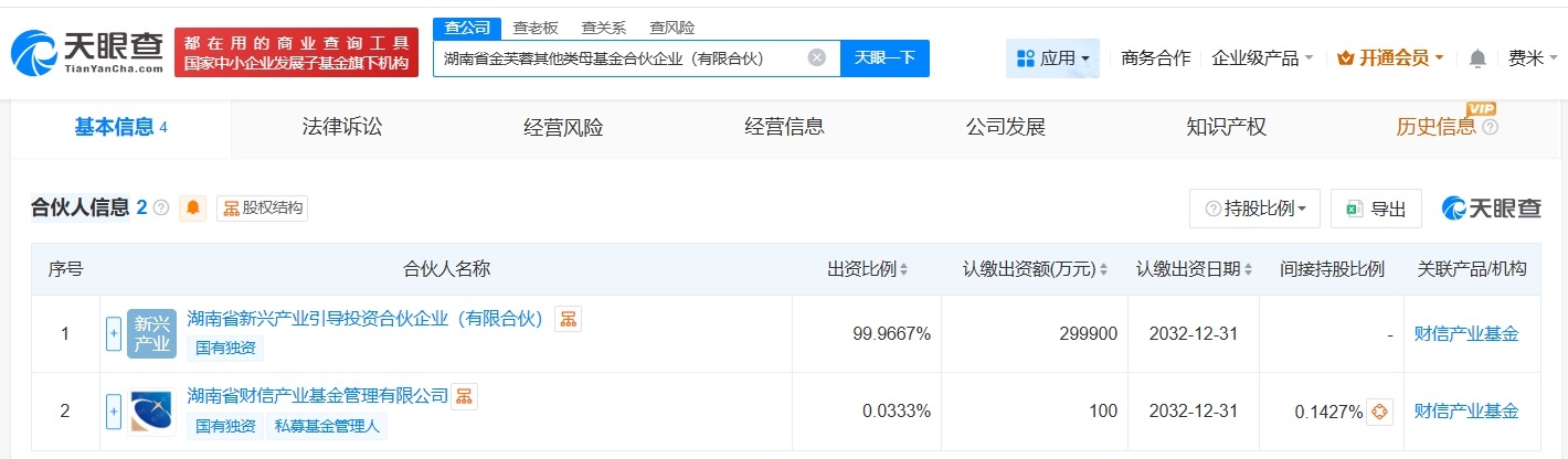 湖南省金芙蓉其他类母基金登记成立出资额30亿