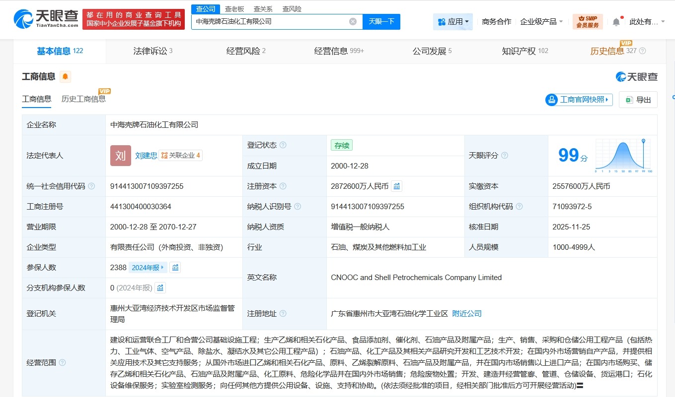 中海壳牌石油化工公司增资至287.3亿增幅约4%