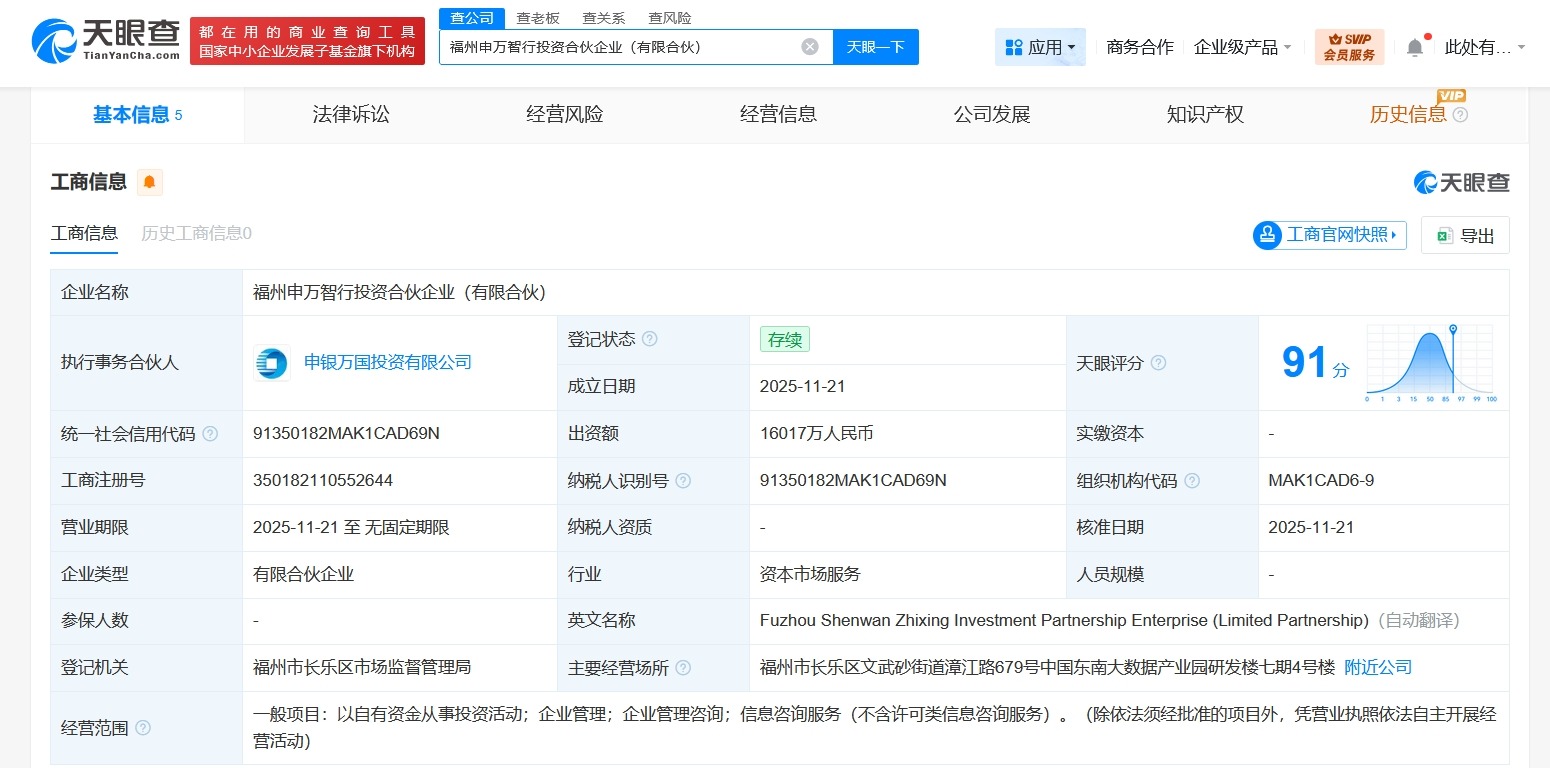 福州申万智行投资合伙企业登记成立出资额约1.6亿