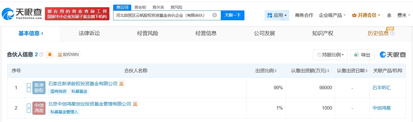 河北自贸区云帆股权投资基金登记成立出资额10亿