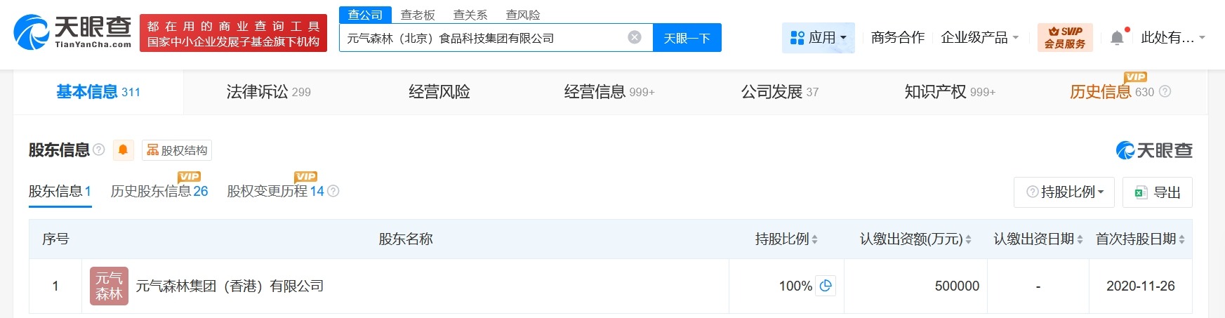 元气森林关联公司增资至50亿增幅约15.5%