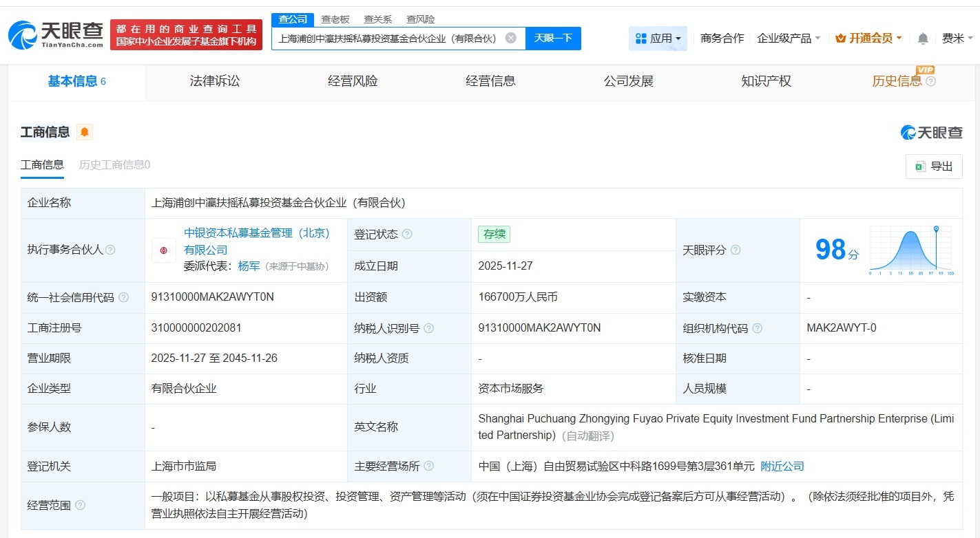浦东创投集团、中银资产成立私募投资基金出资额16.67亿
