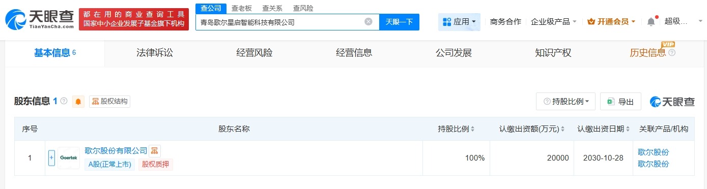 歌尔股份在青岛成立智能科技公司注册资本2亿