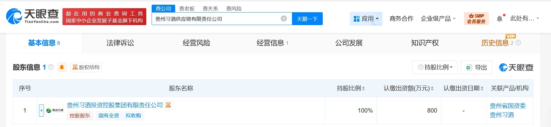 贵州习酒成立供应链公司注册资本800万