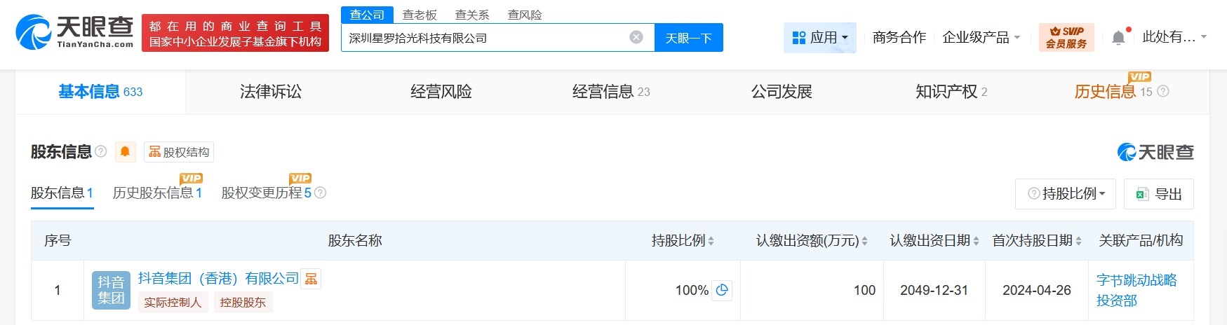 #抖音旗下深圳星罗拾光科技公司增资至94.8亿# 增幅约437%