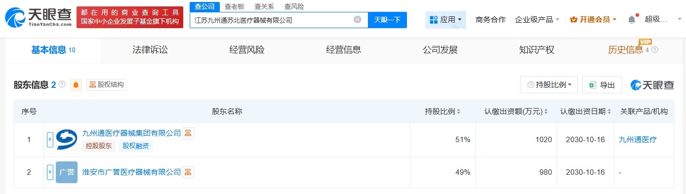 九州通等在江苏成立医疗器械公司注册资本2000万