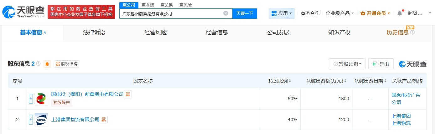 国家电投、上港集团在广东揭阳成立港务公司注册资本3000万
