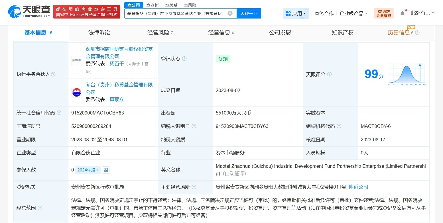 茅台旗下基金等在深圳成立信通一期私募基金出资额约2亿