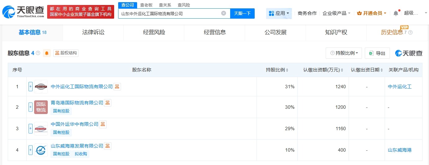 中外运化工国际物流等在山东成立新公司注册资本4000万