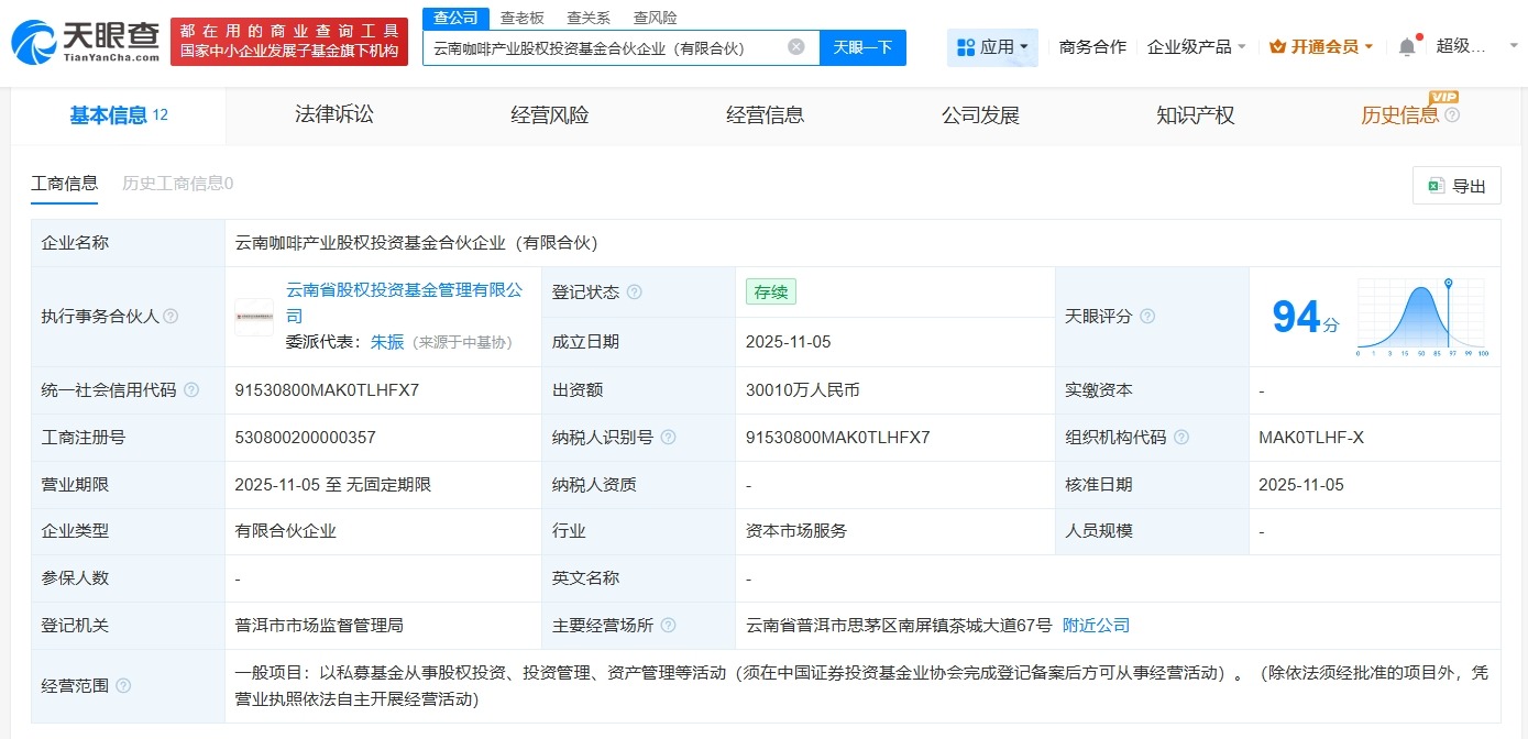 云南咖啡产业股权投资基金登记成立出资额约3亿