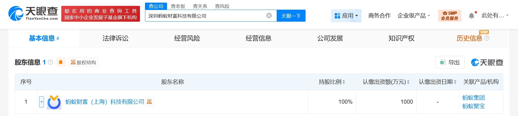 蚂蚁集团在深圳成立蚂蚁财富科技公司注册资本1000万