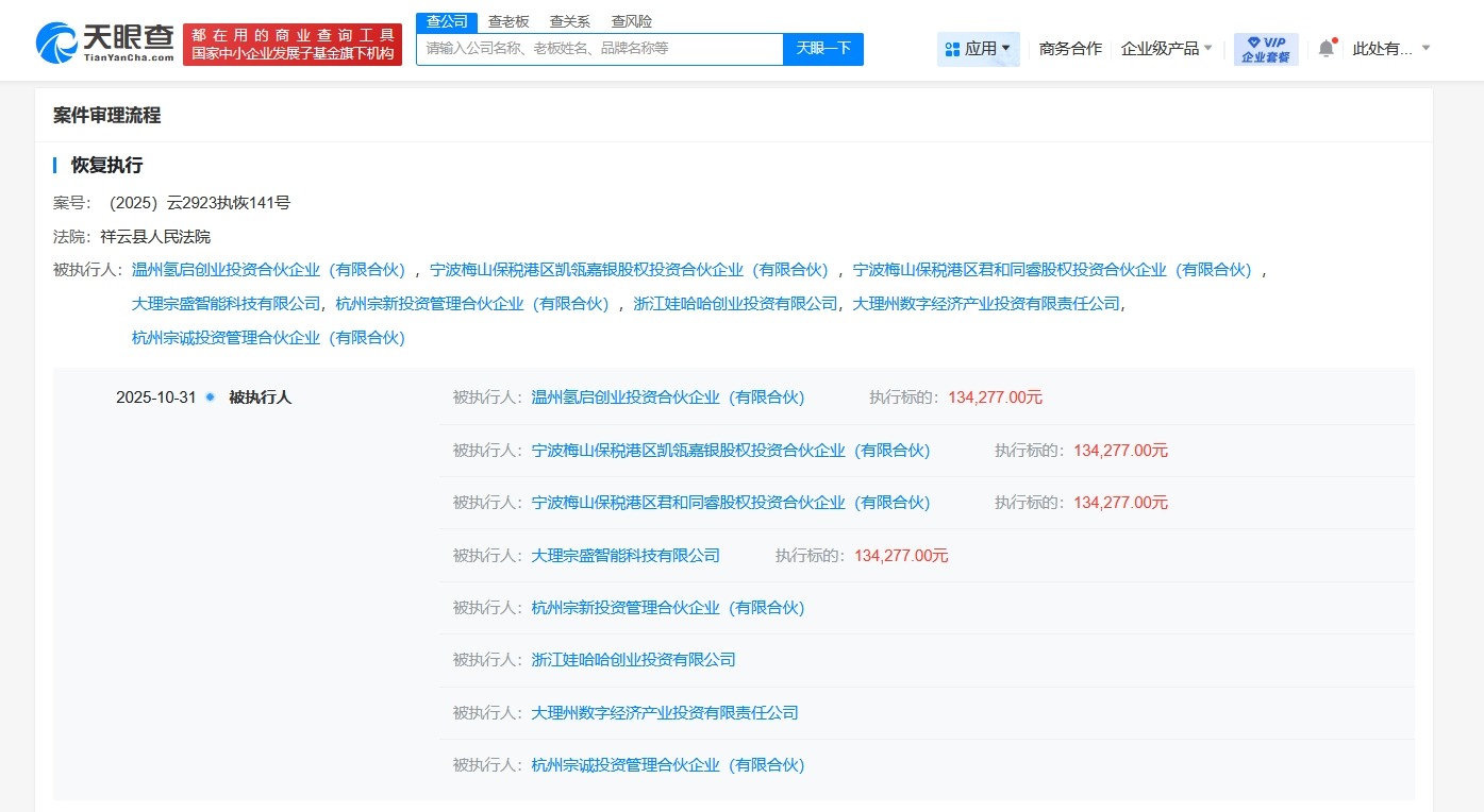 娃哈哈创业投资公司等被恢复执行13.4万