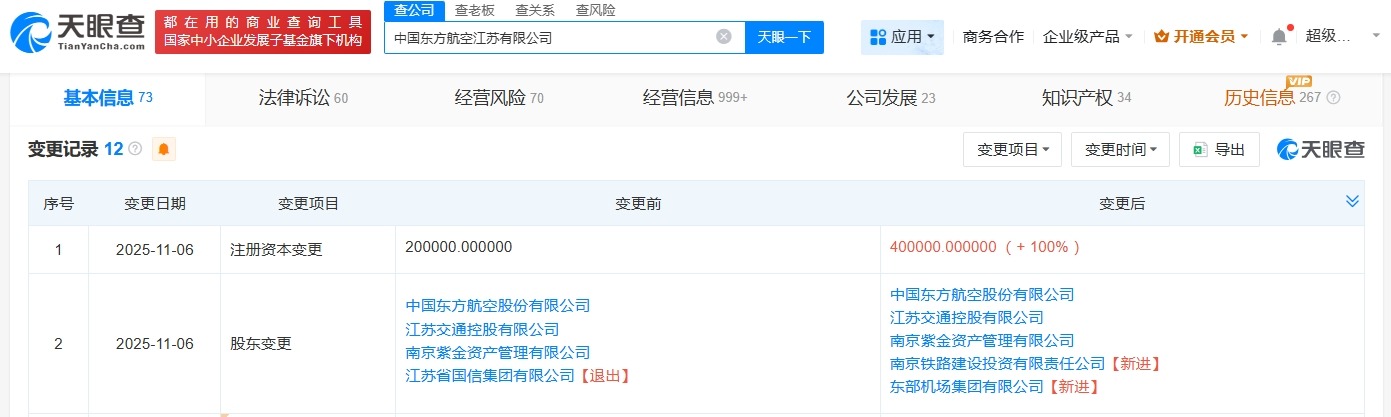 东方航空江苏公司增资至40亿增幅100%