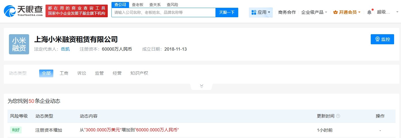 上海小米融资租赁公司增资至6亿