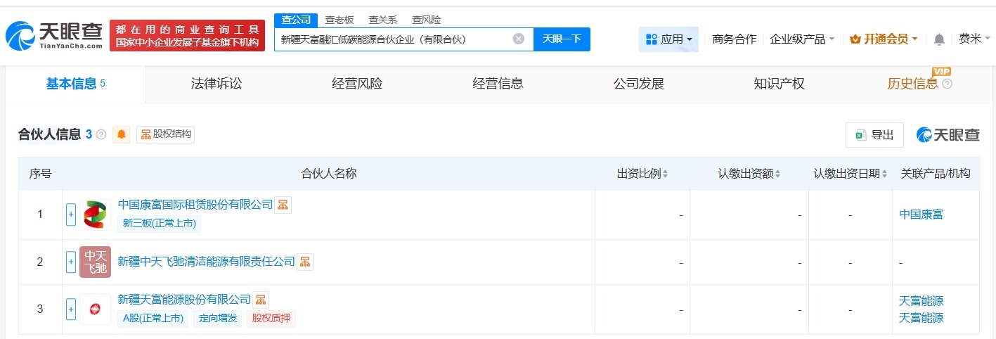 天富能源、中国康富在新疆成立低碳能源合伙企业出资额约26亿