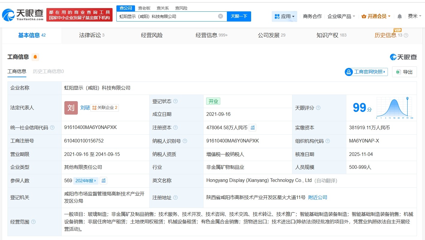彩虹股份旗下虹阳显示科技公司增资至约47.8亿增幅约25%