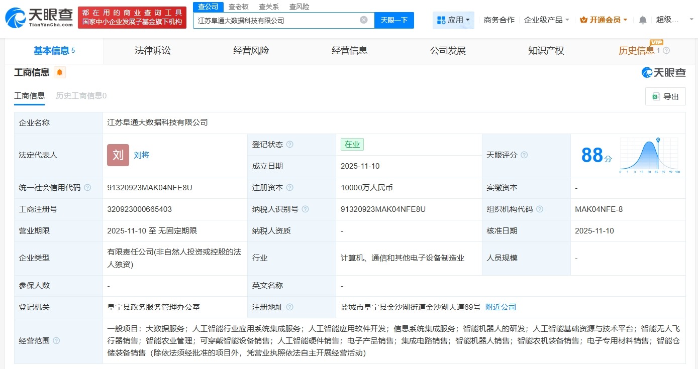 江苏阜通大数据科技公司成立注册资本1亿