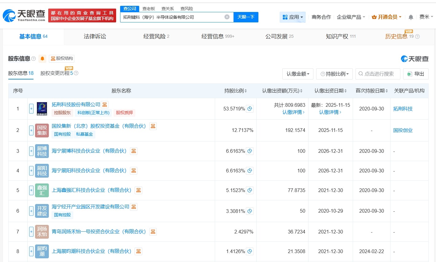 大基金三期旗下基金等入股拓荆科技旗下公司