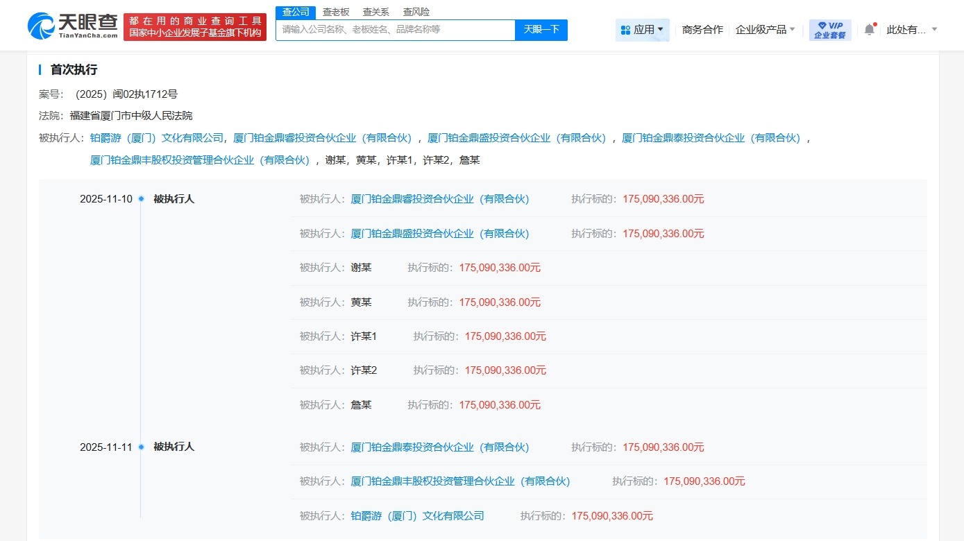 铂爵旅拍董事长许春盛等被执行1.75亿
