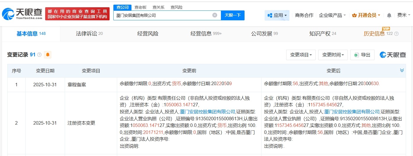 厦门安居集团增资至约115.7亿
