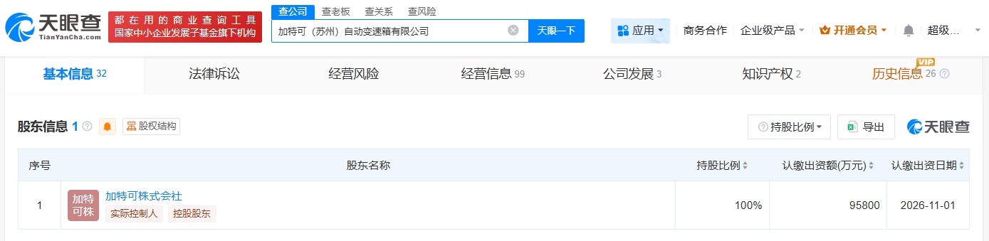 加特可苏州自动变速箱公司增资至9.58亿增幅约141%